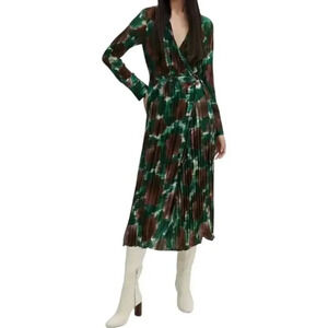 NWT Mango Maximalims Pleated Wrap Long Sleeve Midi Artsy Boho Chic Dress 4XL